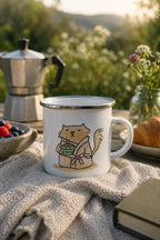 Emaille-Tasse mit grummeliger Katze und „Heute Nicht“ Motiv für Kaffee- oder Teepause drinnen und draußen