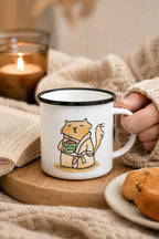 Weiße Emaille-Tasse mit schwarzem Rand und lustigem „Heute Nicht“ Katzenmotiv für Kaffee und Tee