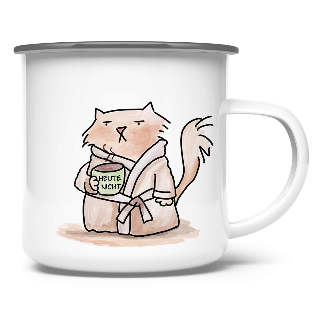 Weiße Emaille-Tasse mit silbernem Rand und „Heute Nicht“ Katze im Bademantel als lustige Pausentasse