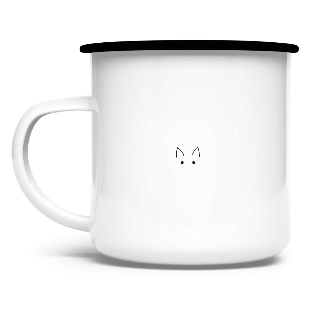 Rückseite der weißen Emaille-Tasse mit kleinem minimalistischen Katzen-Icon