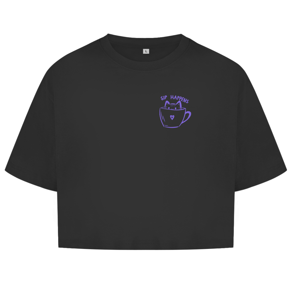 Sip Happens Crop Tee in Espresso Black – Vorderseite mit Katzen-Kaffeetassen-Print