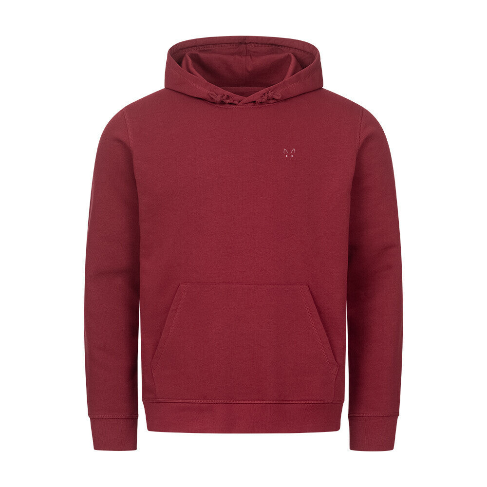 Cozy Coffee Hoodie burgunder Vorderansicht – Handgezeichnetes Katzenmotiv