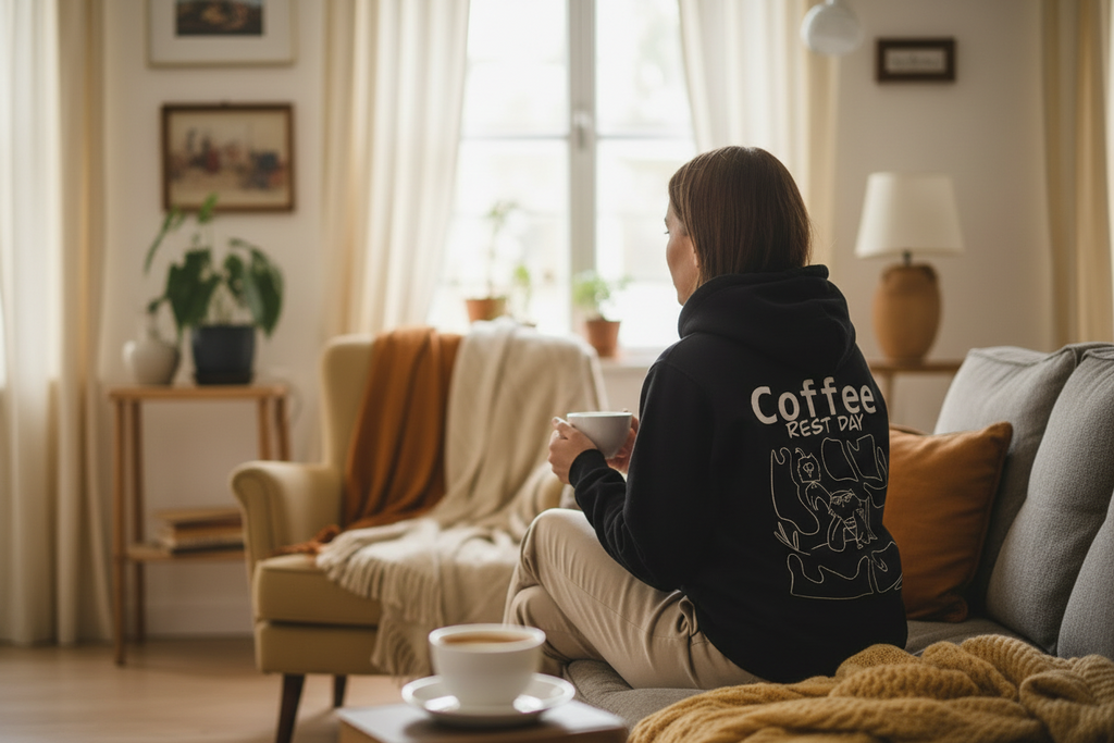 Cozy Coffee Hoodie Detail – Bio-Baumwolle Katzen Kapuzenpullover