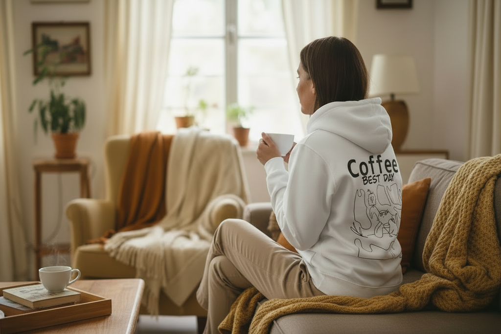 Cozy Coffee Hoodie weiß Lifestyle – Katzen Kapuzenpullover The Little Doodle
