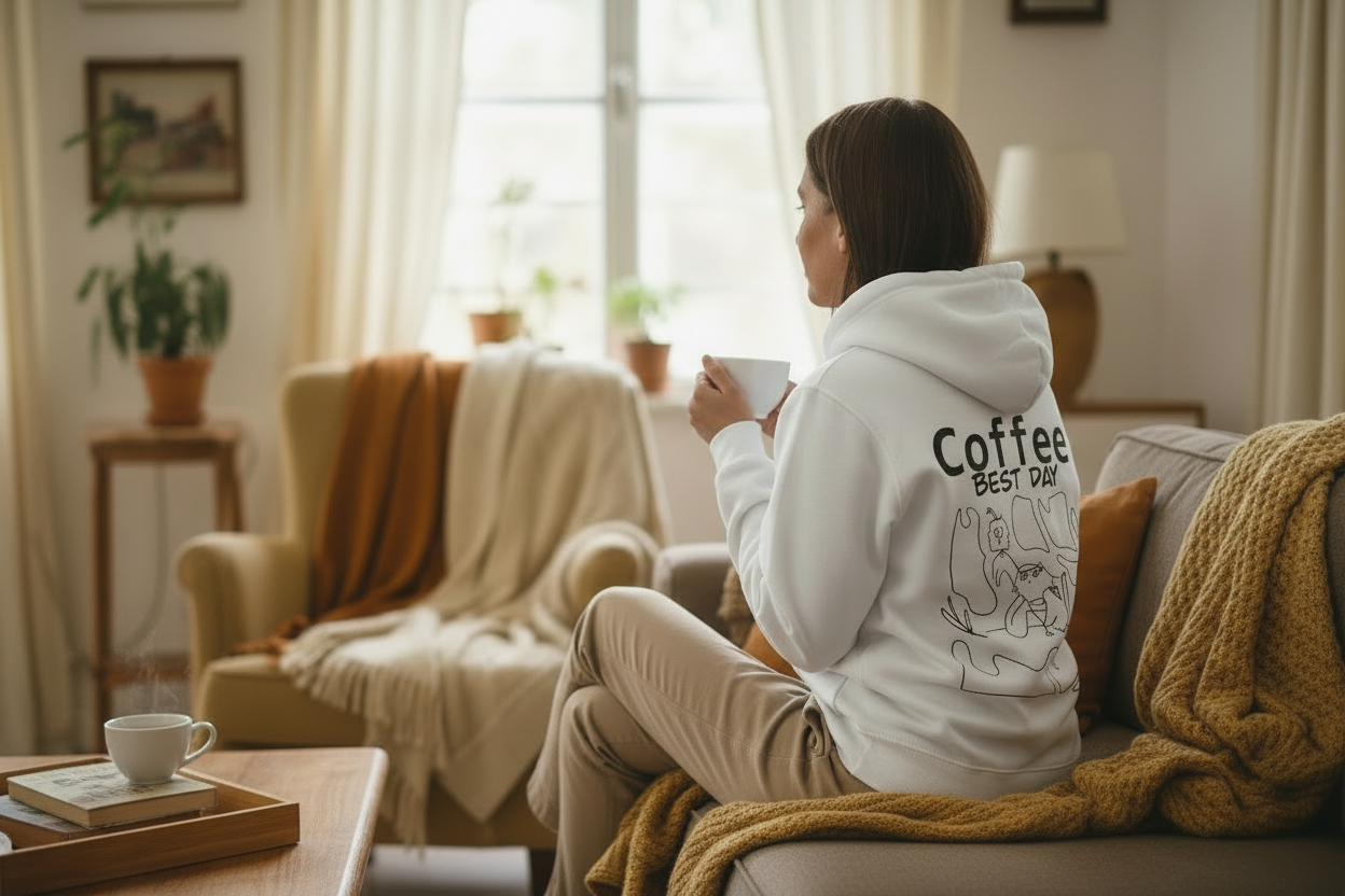 Cozy Coffee Hoodie weiß Lifestyle – Katzen Kapuzenpullover The Little Doodle