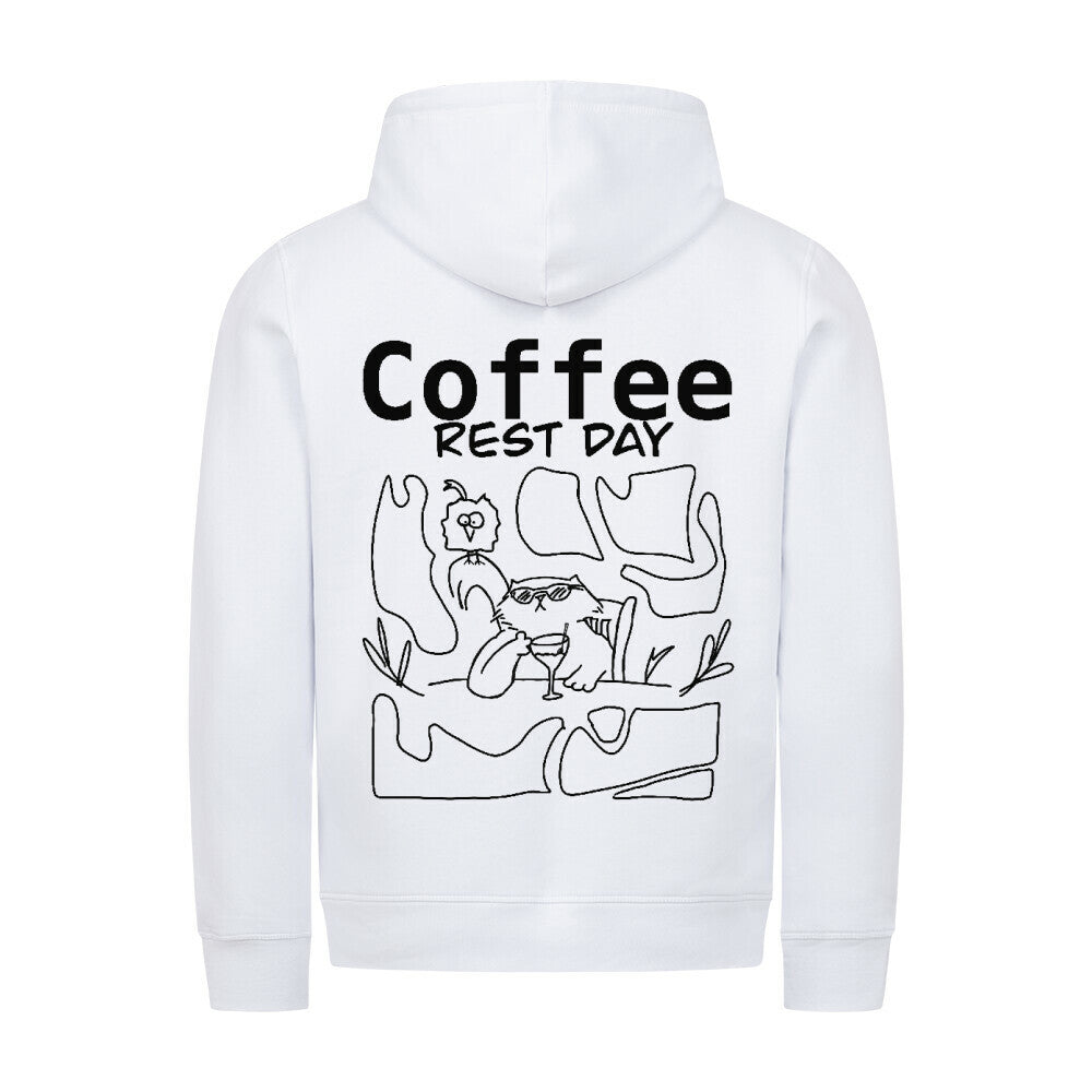 Cozy Coffee Hoodie weiß Rückansicht – Coffee Rest Day Print