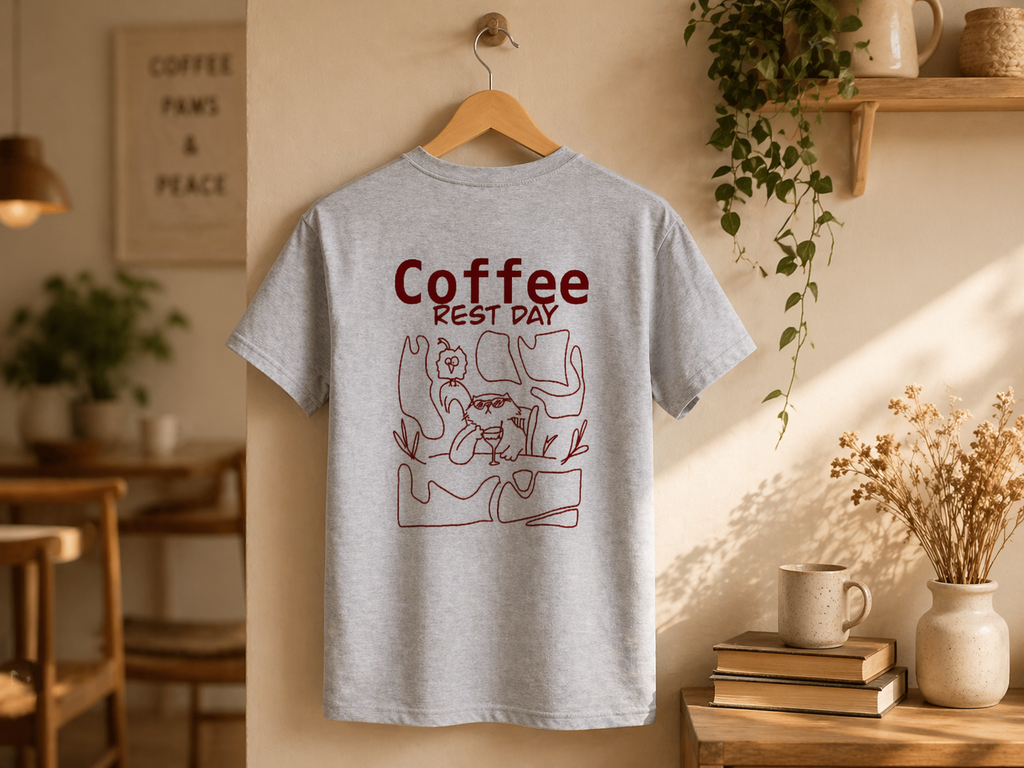 Coffee Break Shirt grau – Handgezeichnetes Katzenmotiv