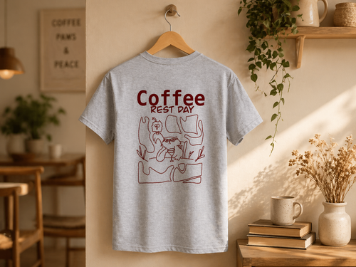 Coffee Break Shirt grau – Handgezeichnetes Katzenmotiv