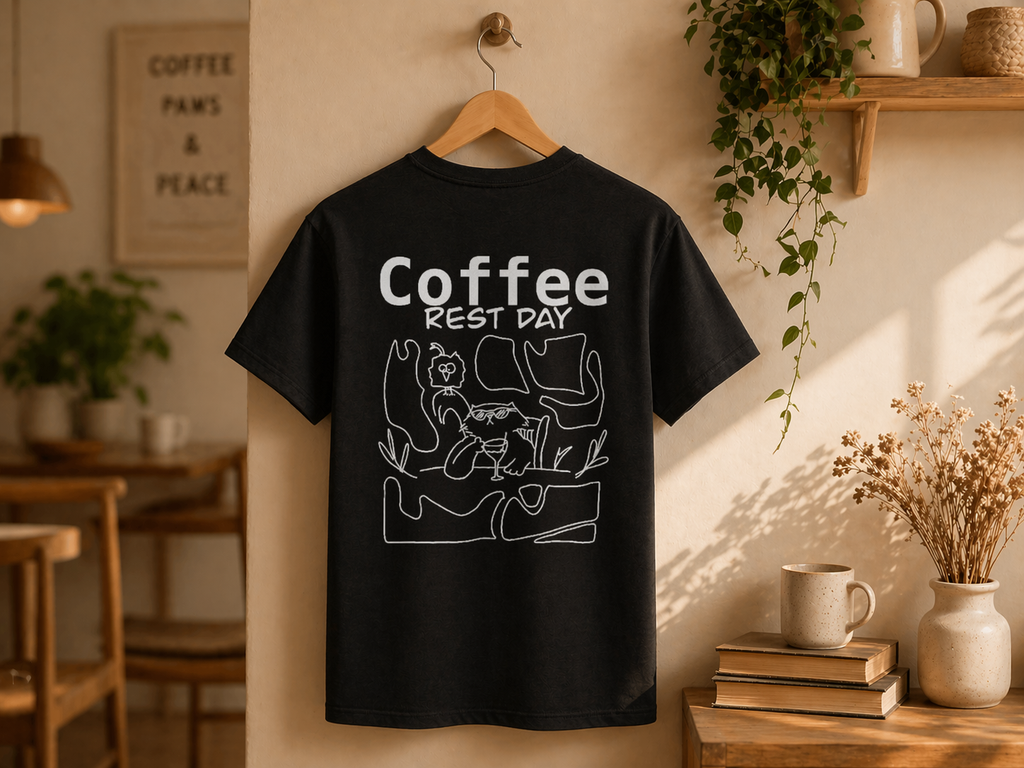 Coffee Break Shirt schwarz Rückansicht – Katzen Doodle Print