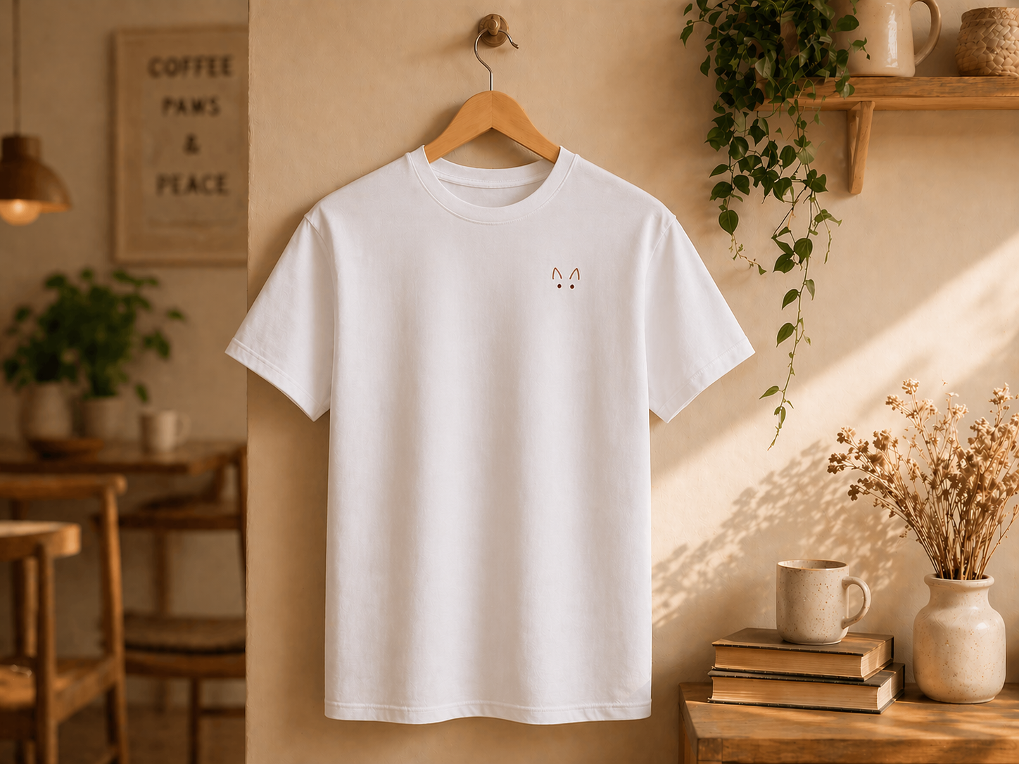 Coffee Break Shirt weiß Detail – Bio-Baumwolle Katzenmotiv