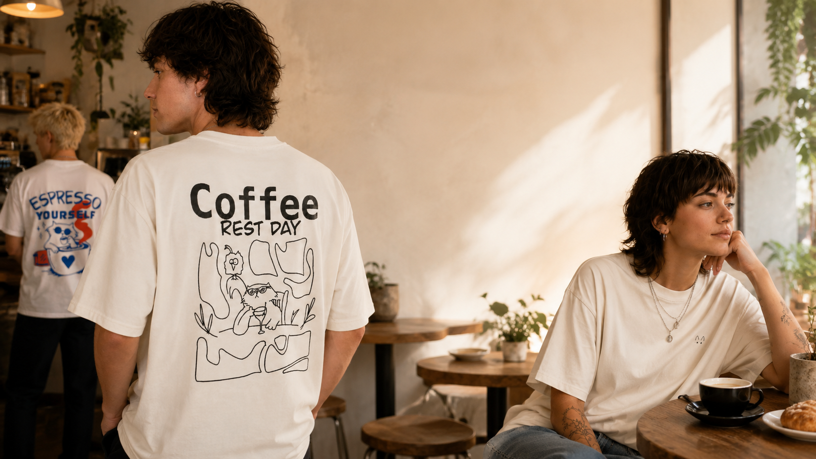 Lifestyle-Foto mit handgezeichneten Coffee- und Katzen-Shirts von The Little Doodle in einem gemütlichen Café