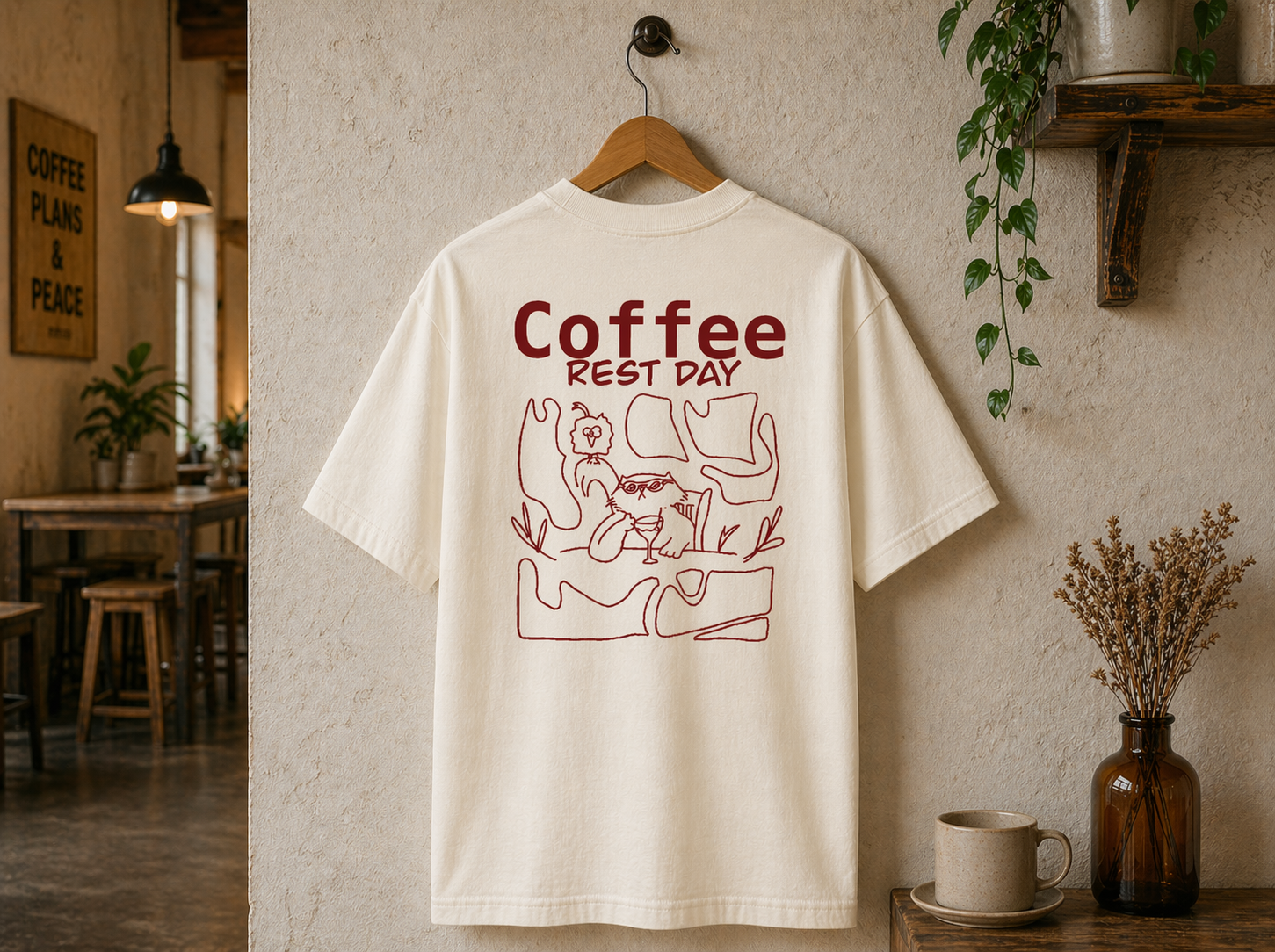 Slow Morning Shirt Flat Lay – Katzen Oversize Shirt Bio-Baumwolle