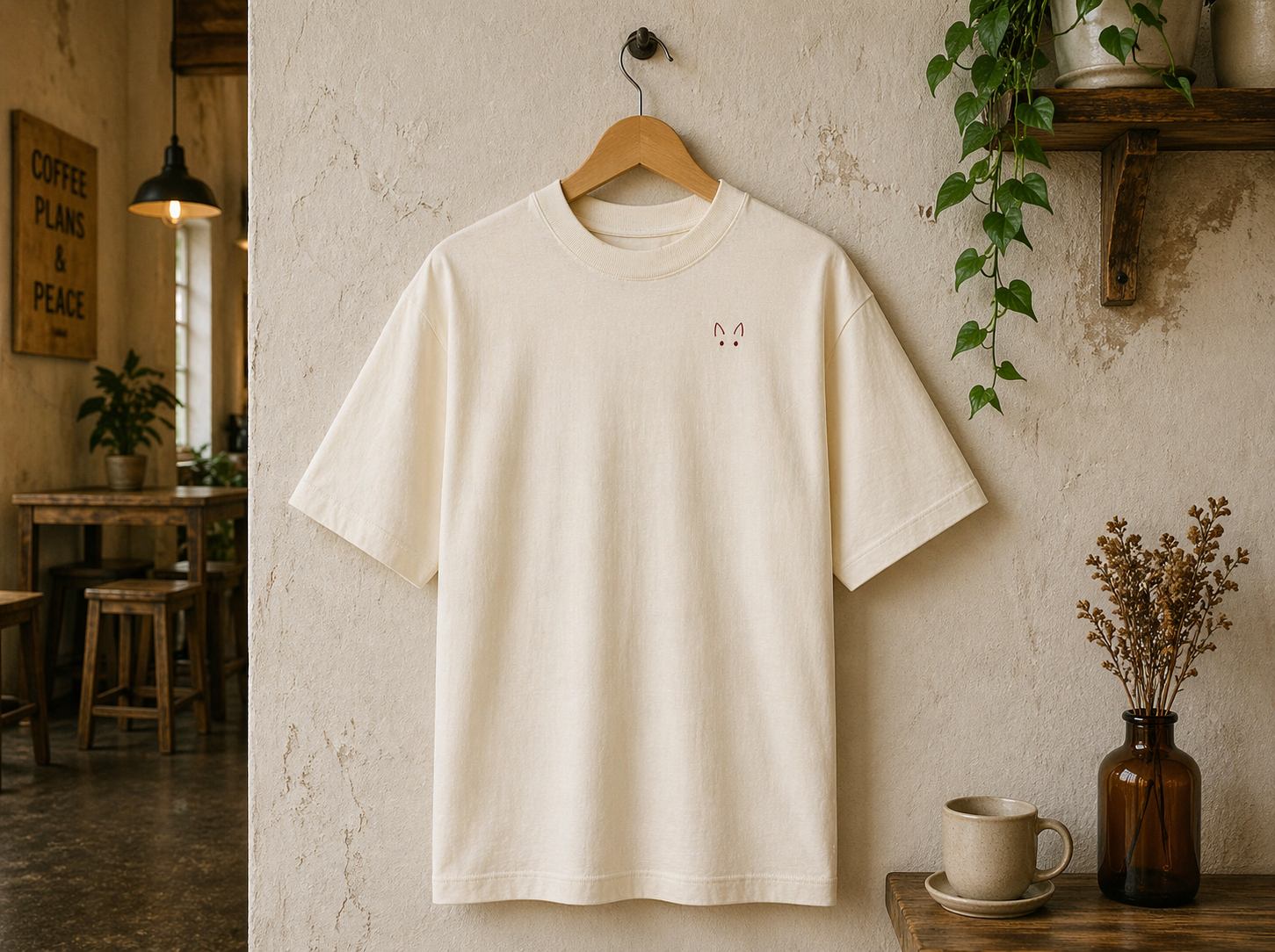 Slow Morning Shirt Flat Lay – Katzen Oversize Shirt Bio-Baumwolle
