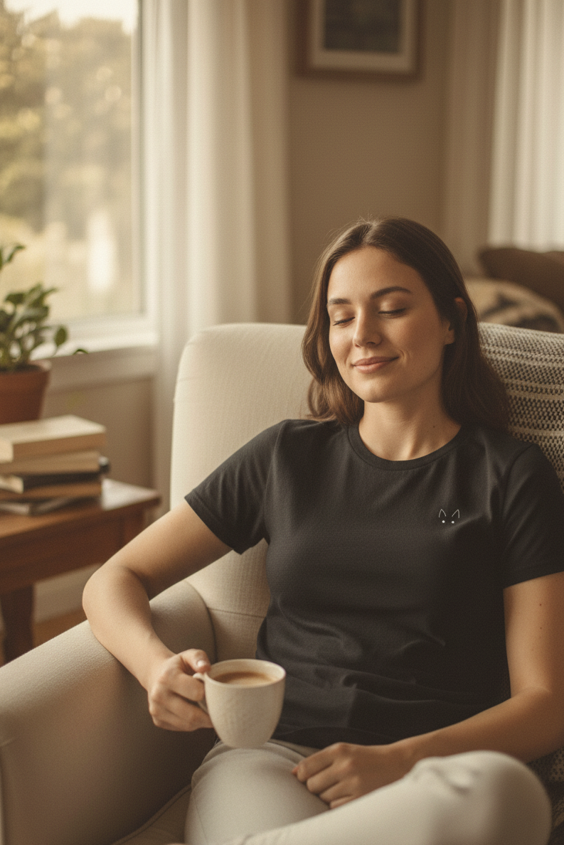 Schwarzes Shirt Vorderansicht kleiner Print