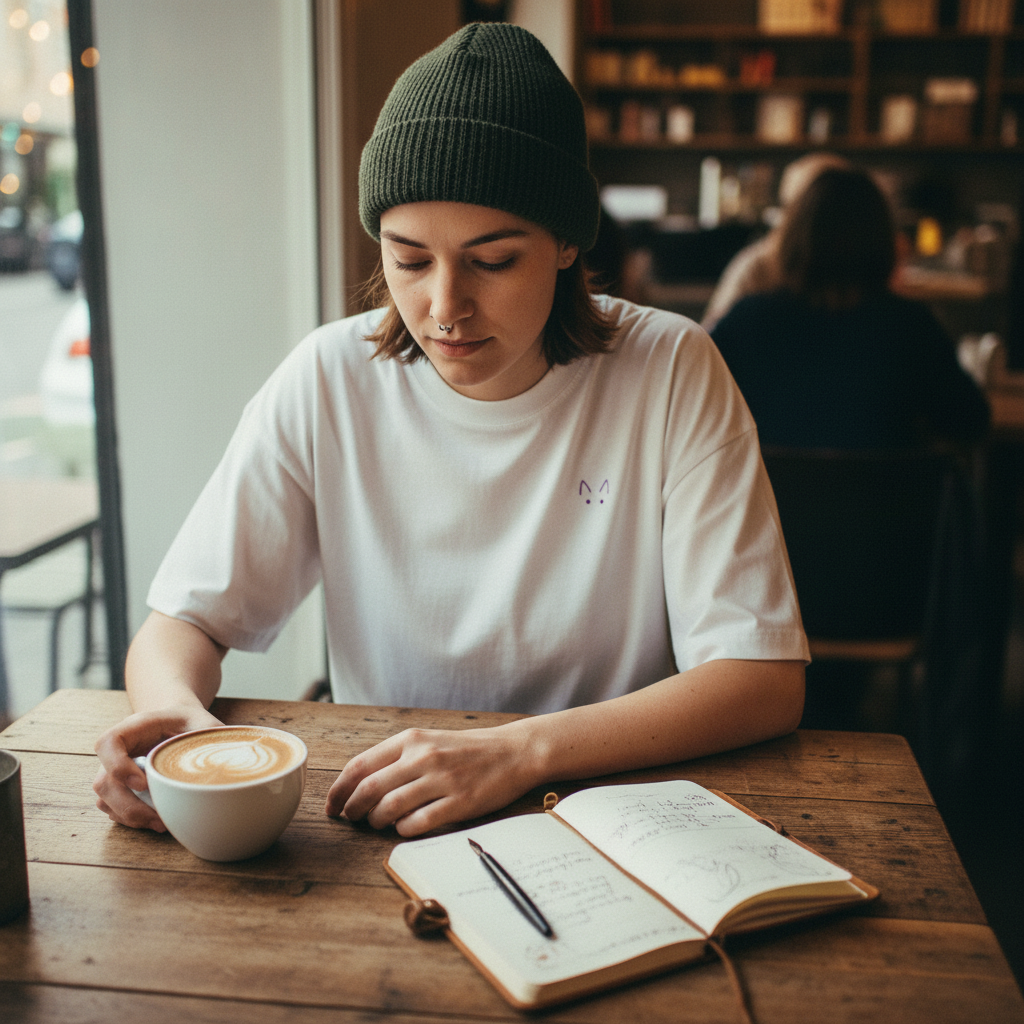Queere Person im Café von oben: weiß