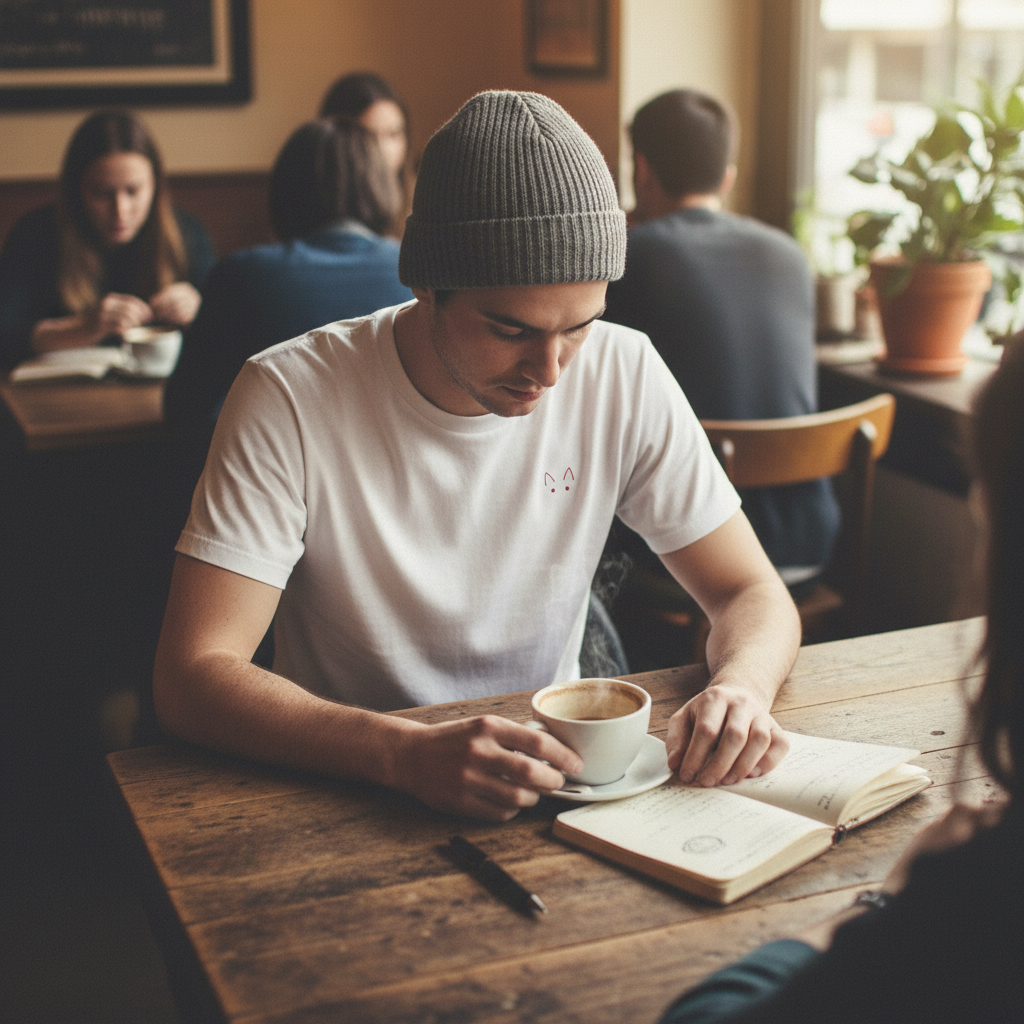 Weißes Shirt Café von oben